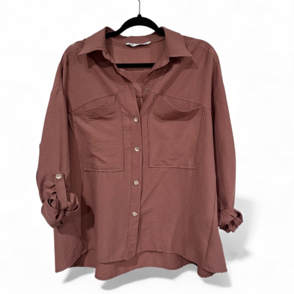 Zara Dusty Rose Button Up Long Sleeve Blouse- Size Small
